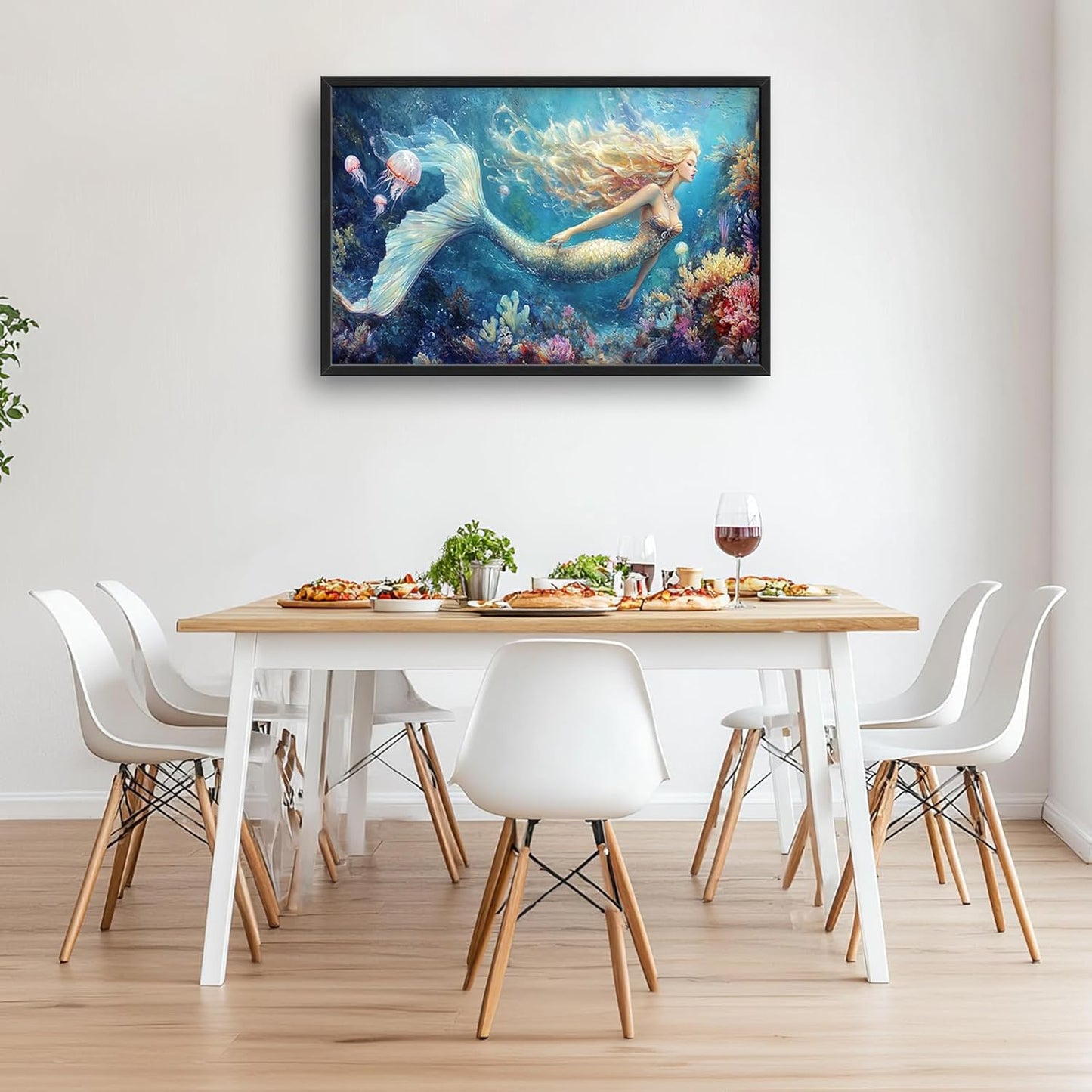 Extra Large Framed Mermaid Wall Art,Oversized Undersea Ocean Wall Decor,Colorful Coral Reefs Pictures for Living Room,Elegant Canvas Print Painting Modern Artwork Bedroom Bathroom 36L x 24W