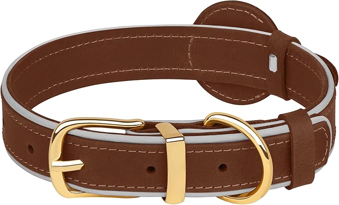 OOPSDOGGY Reflective Geniune Leather Airtag Dog Collar Soft Padded Collars for Small Medium Large Breed Dogs Puppy, 4 Sizes, 7 Colors (Brown, Medium, 12"-15")