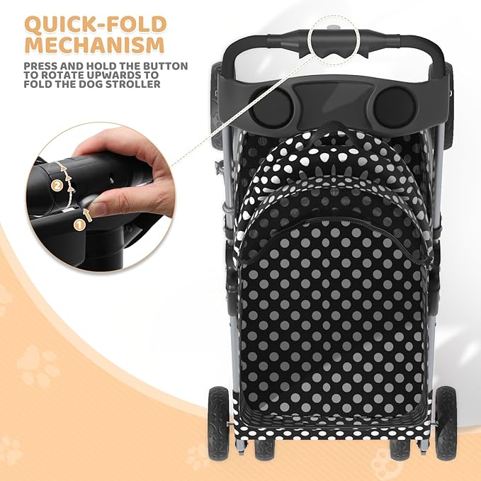 Magshion Foldable Pet Stroller, 3-in-1 Dog Travel Jogger with Detachable Carrier, Cup Holder, Storage Basket, Folding Carrier for Small/Medium Dogs & Cats Up to 33 lbs, Black Polka Dots