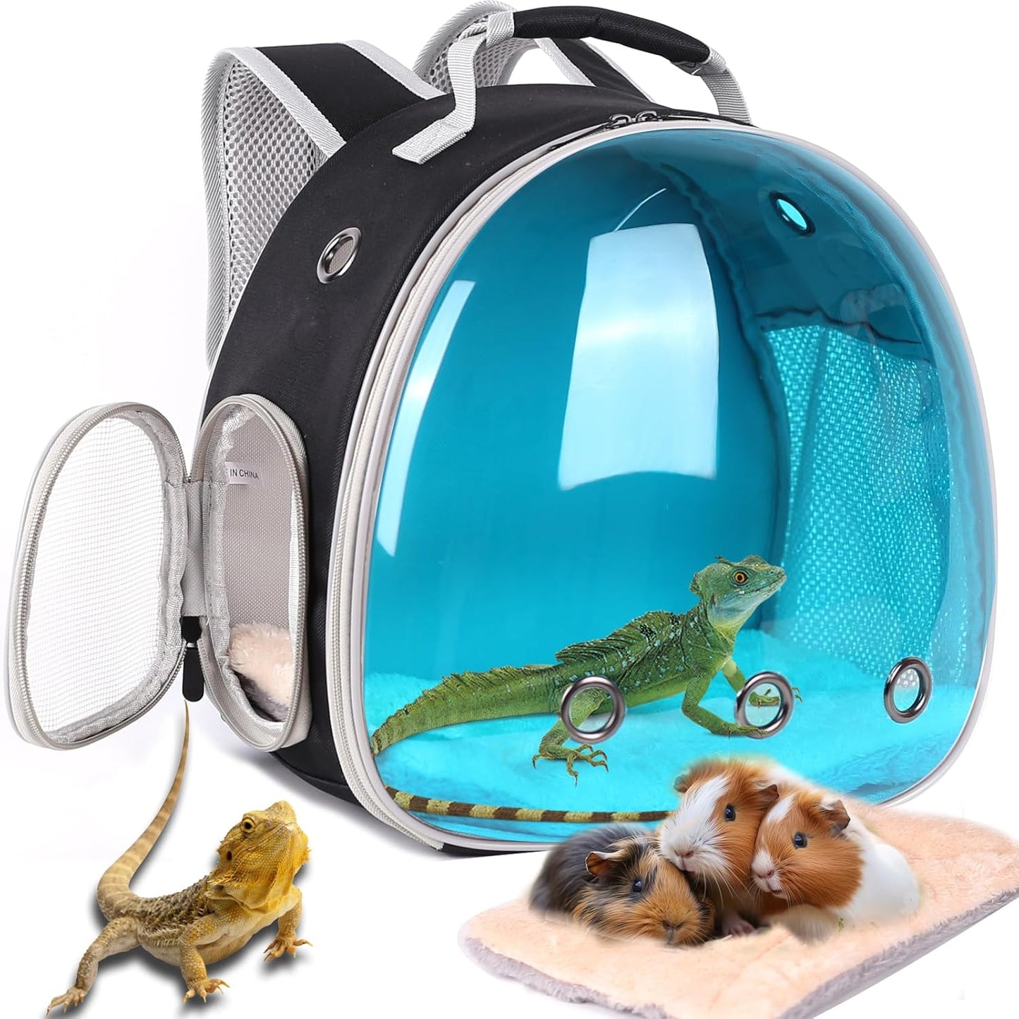 Bearded Dragon Travel Carrier Backpack with Soft Warm Mat Set,Lizard Backpack Carrier,Space Capsule Clear Bubble Window Astronaut Reptile Carrier Backpack for Guinea Pig,Sugar Glider,Bunny