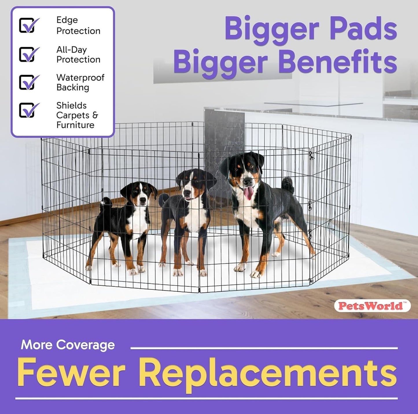PETSWORLD Mega-Sized Dog Pee Pads (40" x 99") – 4XL Gigantic Pet Piddle Pads for Puppy Training, Incontinence – with Adhesive Sticky Tape – Leak Proof, 5-Layer Protection (80 Count)
