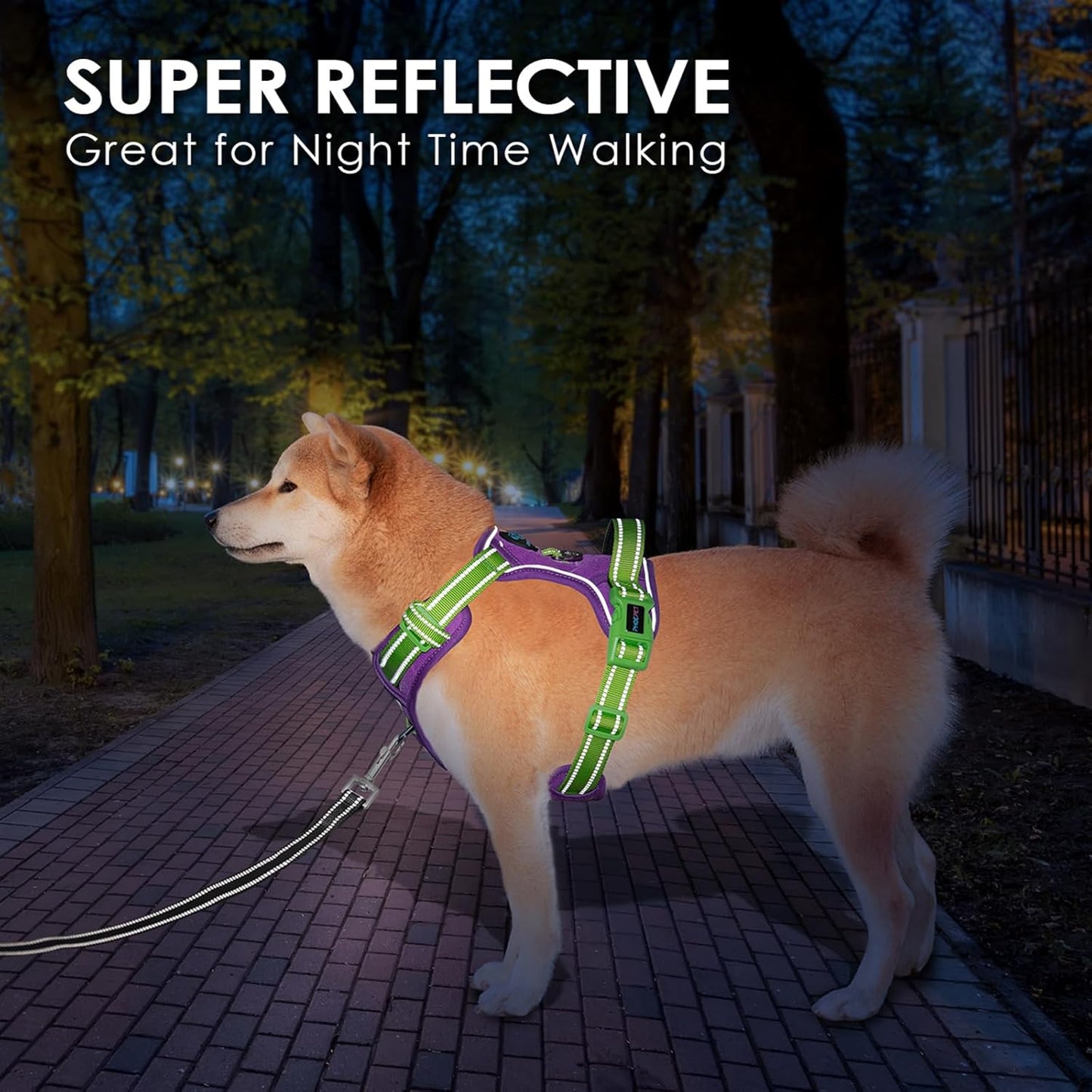 PHOEPET No Pull Dog Harness, Unique Colors Reflective Adjustable Dog Vest, with Soft Training Handle Metal Clips for Small Medium Large Dogs (Purple Base & Green Straps,S)