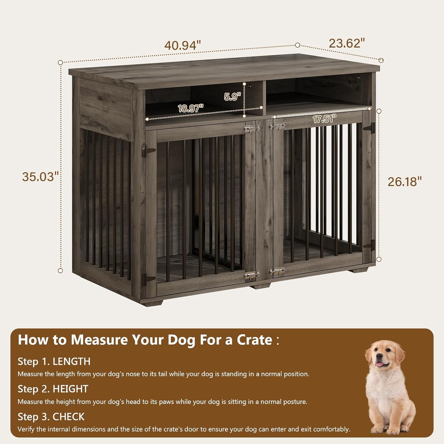 Furniture Dog Crate for 2 Dogs, 41 Inch Dog Kennel Furniture with Removable Divider and Shelf Storage, Wooden Dog Crate for Small/Medium Dogs, Grey