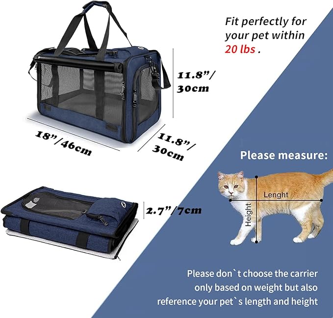 Medium Cat Carrier Large Cat 15 lbs+ Soft Pet Carrier Small Puppy/Ventilated 2 Kittens Car Travel Bag Case/Comfy Big Maine Coons 25 Pounds/Soft-Sided Mesh Kitty Products Dark Blue