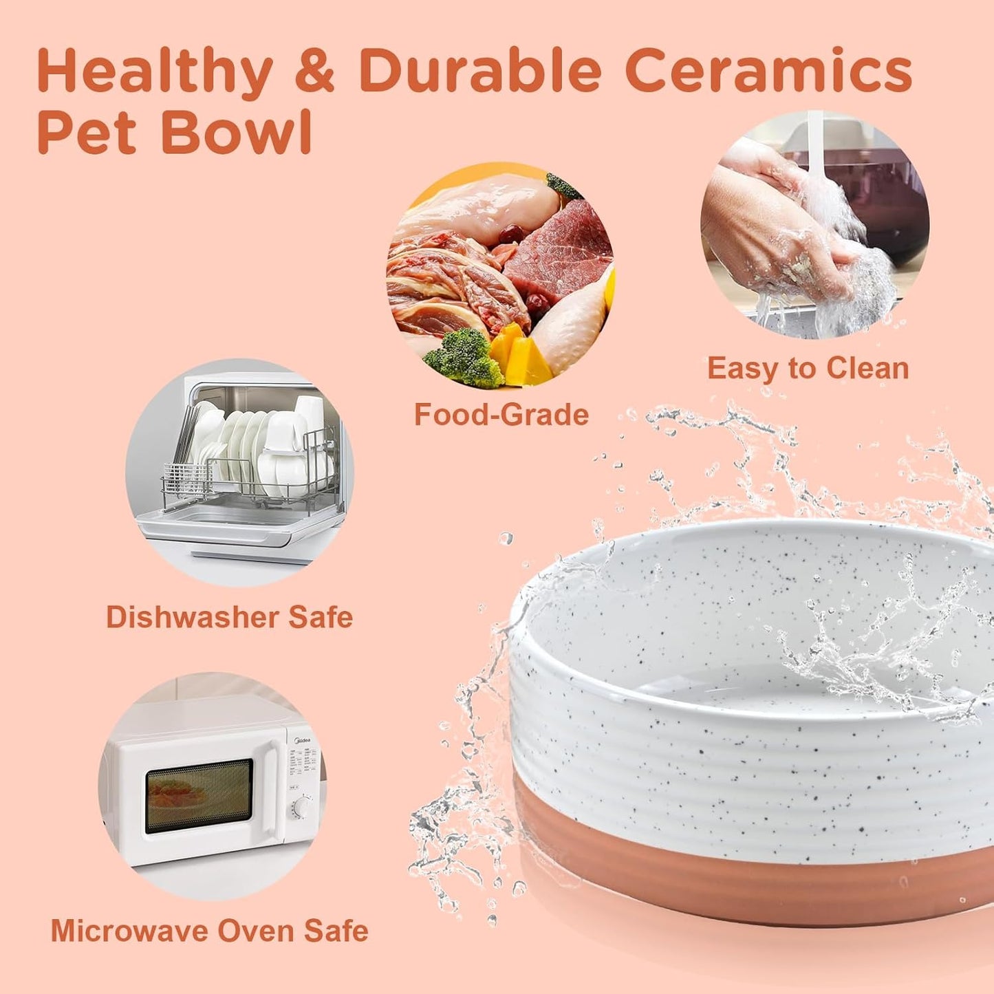 SPUNKYJUNKY Ceramic Dog and Cat Bowls 2 Pack, 6.1'' Dog and Cat Food Water Double Feeding Bowls Non-Slip for Cats and Medium Sized Breed Dogs Microwave Dishwasher Safe - 28.7 OZ, 2pcs, Pattern White