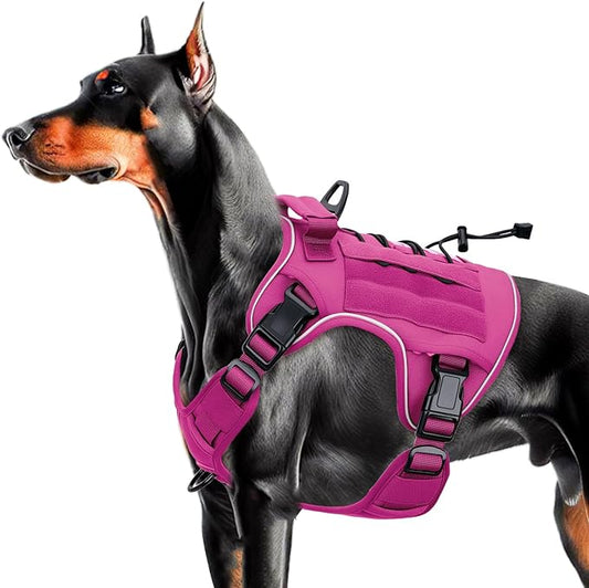 Heavy-Duty Tactical Dog Harness for Large Dogs, No Pull Adjustable Reflective Pet Vest with Molle System, K9 Military-Grade Control for Service Training, Outdoor & 10+ Breeds, Pink, Large