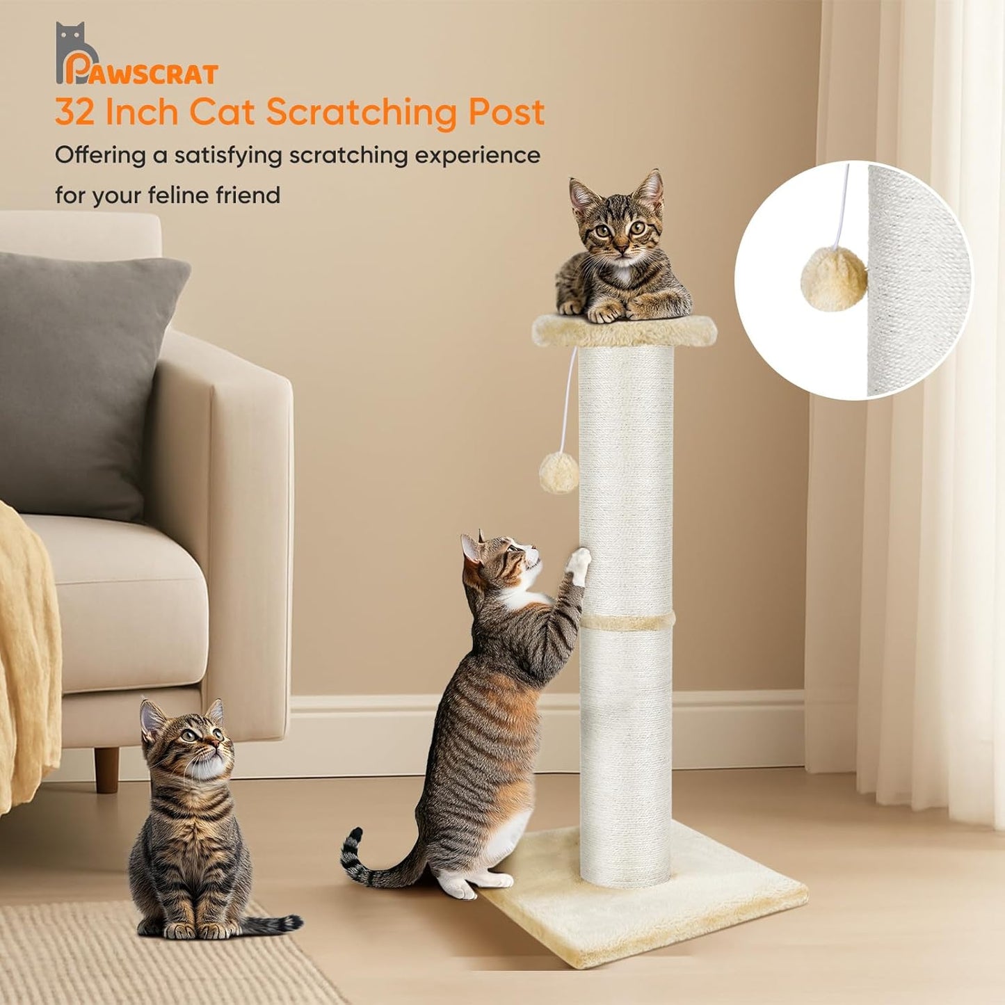 PAWSCRAT Cat Scratching Post 32" Tall, Large Diameter Natural Sisal Cat Scratch Post with Dangling Ball, Scratch-Resistant and Durable Tall Cat Scratcher for Indoor Cats, Protect Your Furniture, Beige