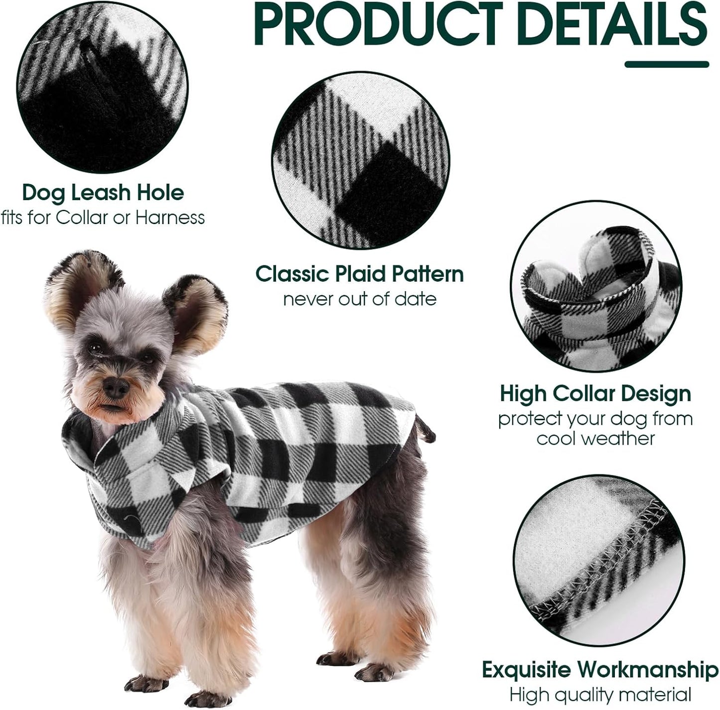 Kuoser Dog Fleece Vest,Warm Plaid Dog Sweater with Leash Hole,Soft Turtleneck Winter Pet Jacket Dogs Coat Pullover Clothes for Small Medium Dogs Cats,Spring Fall Cold Weather Christmas Outfit,Black XS