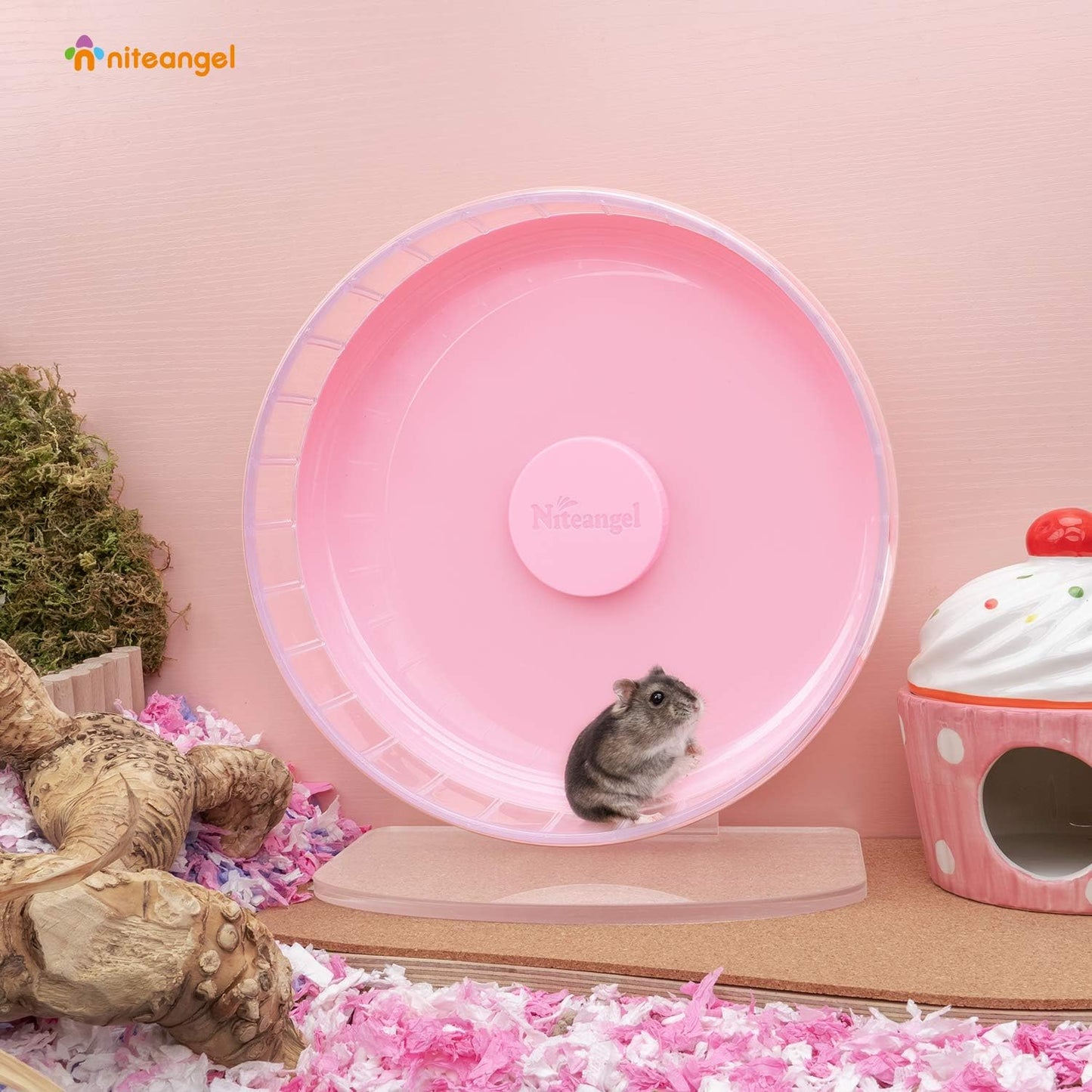 Niteangel Super-Silent Hamster Exercise Wheels: - Quiet Spinner Hamster Running Wheels with Adjustable Stand for Hamsters Gerbils Mice Or Other Small Animals (M, Pink)