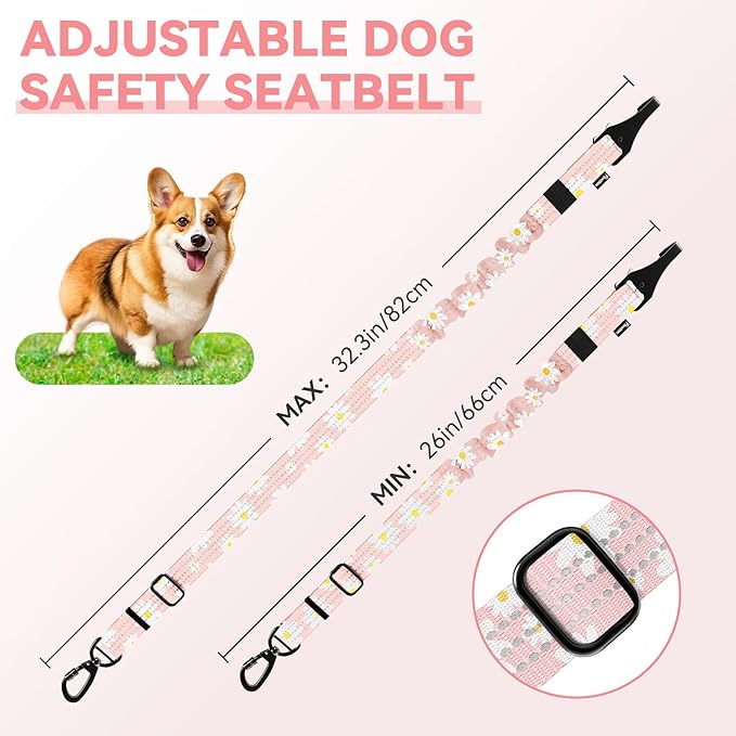 Pawaboo Dog Seatbelt for Car, 3-in-1 Dog Seat Belt Bungee, Shockproof Dogs Tether for Car with Buckle & Hook Latch, Adjustable Reflective Dogs Cars Harness Leash with 360° Lockable Buckle, Light Pink