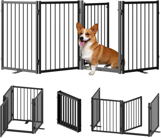 Full Metal Freestanding Dog Gate with Door, 24'' Height Foldable Pet Dog Fence for Indoor & Outdoor, 4 Panels Extra Wide Free Standing SmallDog Gates for Doorways,House,Stairs,Porch,Deck,Yard