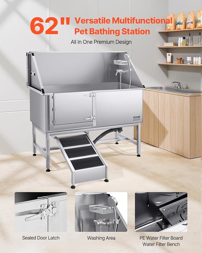 VEVOR Stainless Steel Dog Washing Station, Professional 62 inch Pet Grooming Tub w/Ramp, PE Water Filter Board, Faucet & Showerhead & Soap Holder Bathtub for Large & Medium & Small Pets (Left Door)