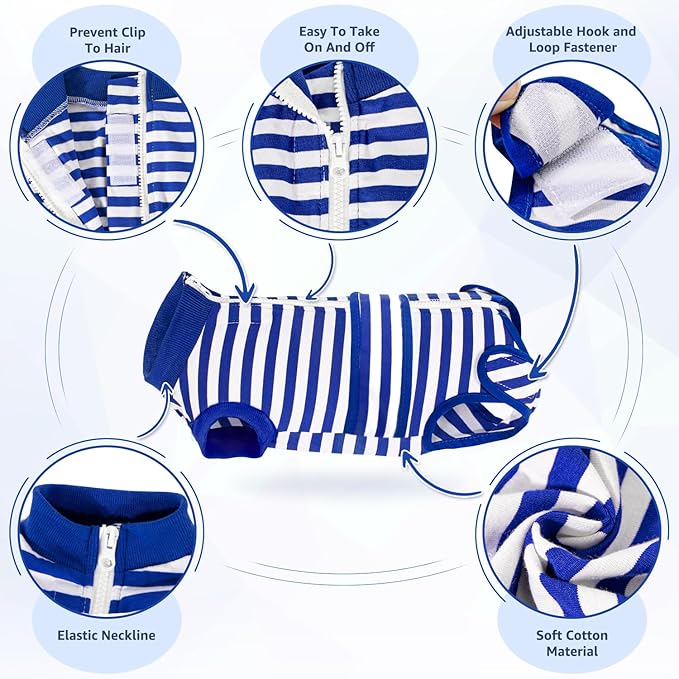 Lukovee Recovery Suit for Dogs, Zipper On Recovery Suit for Female Male Dog, Onesie Abdominal Wounds Cone E-Collar Alternative Prevent Licking Spay Recovery Suit (Large, Blue & White)