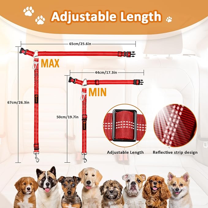 Removable Dog Seat Belt Harness for Car, 3 in 1 Pet Dog Car Seatbelt Leash, Retractable Restraint Secures to Vehicle Headrest & Adjustable Reflective Bungee Dog Seatbelt Tether, Red