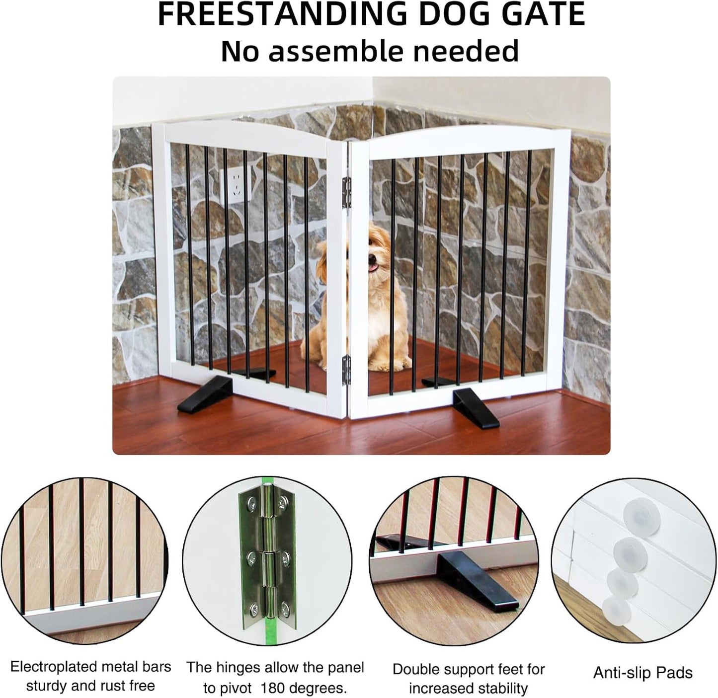 Freestanding Panel Gate for Indoor Doorways, Stairs, or Hallways, Foldable Wooden Gate for Dogs, Support Feet Included, 24" Height - 2 Panels, White