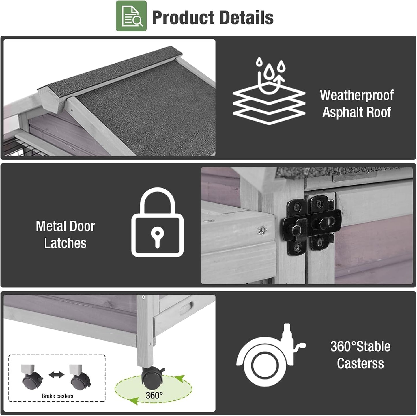 Wooden Rabbit Hutch Indoor and Outdoor, Rabbit Cage with Removable Wire Netting and Leak Proof Tray, Mobile Bunny Cage with Wheels