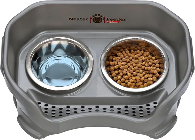 Neater Pet Brands Neater Feeder Deluxe Mess Proof Dog Bowls Elevated for Small Dogs Under 19 lbs, Made in USA, No Spill Raised Dog Food Bowl Stand Feeding Station, Food and Water Bowl Set, Grey