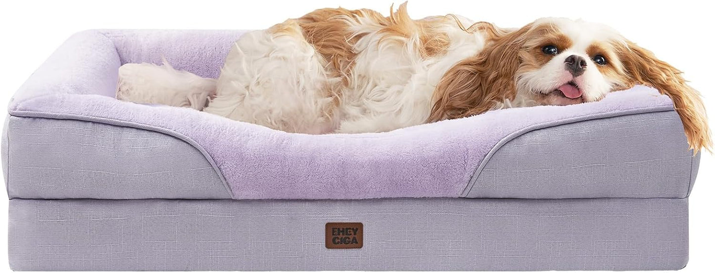 EHEYCIGA Memory Foam Dog Bed for Large Sized, Orthopedic Dog Sofa with Sides and Waterproof Liner, Washable Bolster Pet Couch with Removable Cover, 36x27x7 Inch, Purple