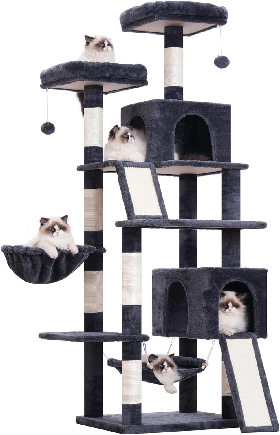 Cat Tree for Indoor Cats, 71'' (180cm) Multi-Level Cat Tower for Large Adult, Sturdy Cat Tree House with 2 Scratching Boards 7 Posts, 2 Plush Perches/Condos, Hammock, Smoky Gray GCT032G