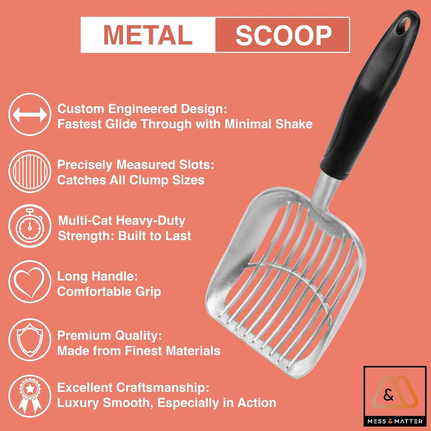 Heavy Duty Full Metal Cat Litter Scoop with Holder - Speed Sifter Litter Box Scooper Captures All Clumps - Kitty Litter Sifting Shovel Comfy Handle - Cat Scooper Includes Litter Bags & Non-Slide Clip