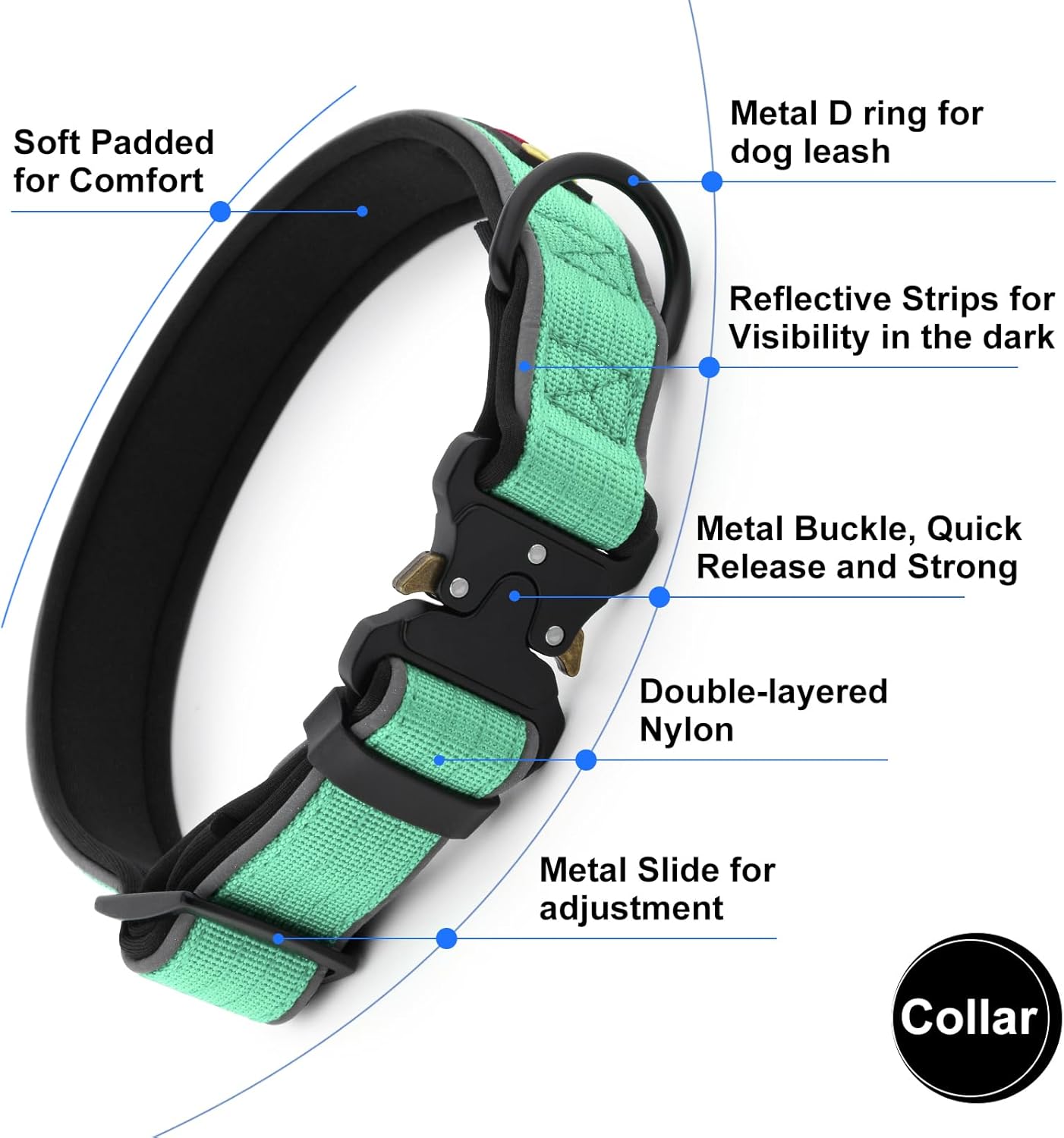 Plutus Pet Tactical Dog Collar, Reflective, Adjustable Heavy Duty Dog Collar, Soft Padded and Comfortable, for Small Medium and Large Dogs (Teal, XL)
