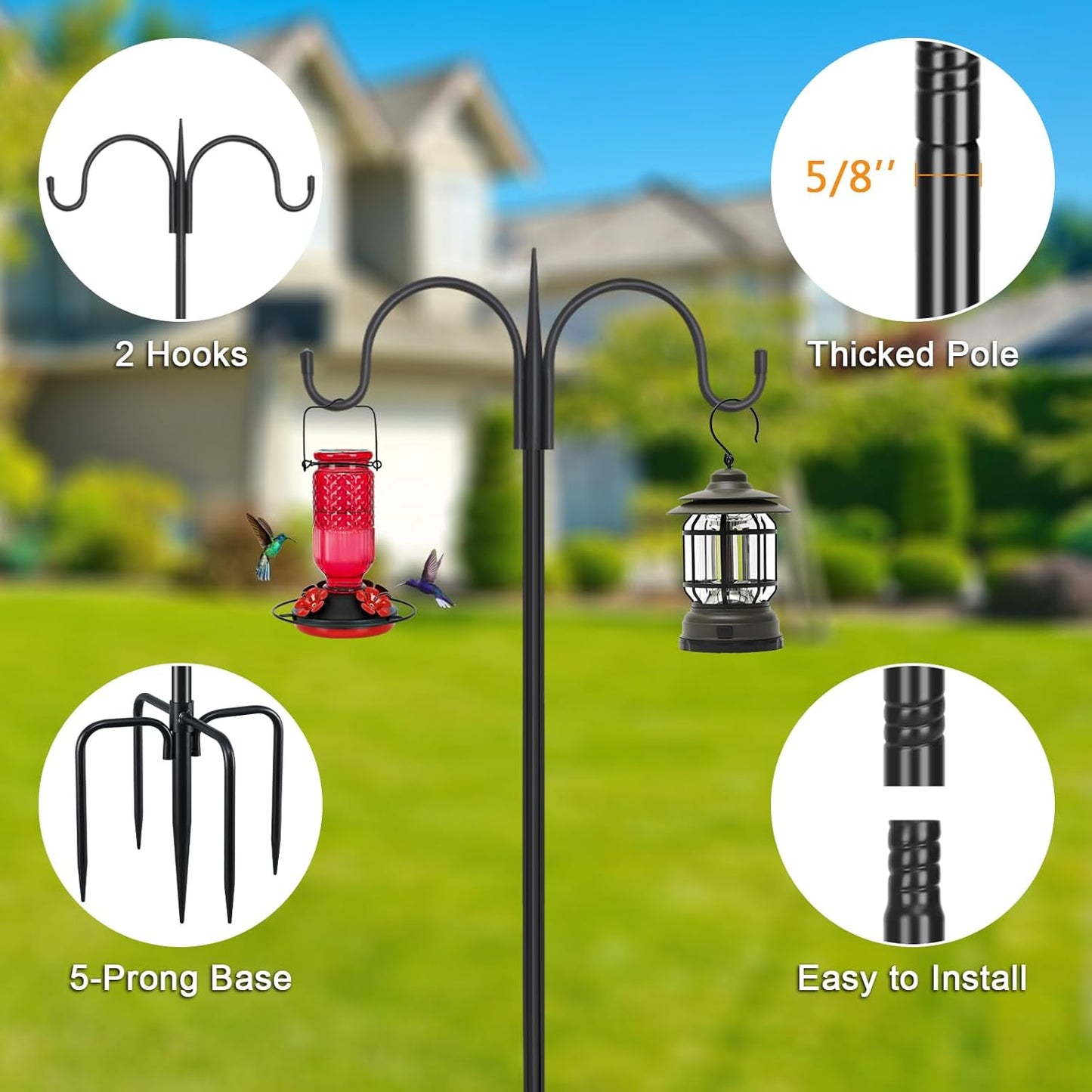 FEED GARDEN Adjustable Double Shepherds Hook for Outdoor with 5 Prong Base 63 Inch Heavy Duty Two Sided Bird Feeder Pole for Hanging Plant Baskets, Solar Light Lanterns, Wind Chimes