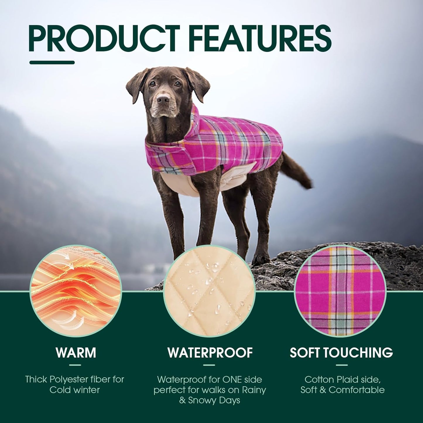 Kuoser Warm Dog Coat, Waterproof Dog Jacket for Extra Large Dogs, Adjustable Durable XXXL Doggie Winter Coat Reversible Puppy Cold Weather Apparel for Large Breed, Rose 3XL