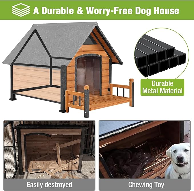 Dog House Outdoor Insulated, Sturdy & Warm Winter Puppy Shelter, 45" L Large Dog Kennel with Chew-Proof Iron Frame, Suitable for Small to Large Dogs(Brown)