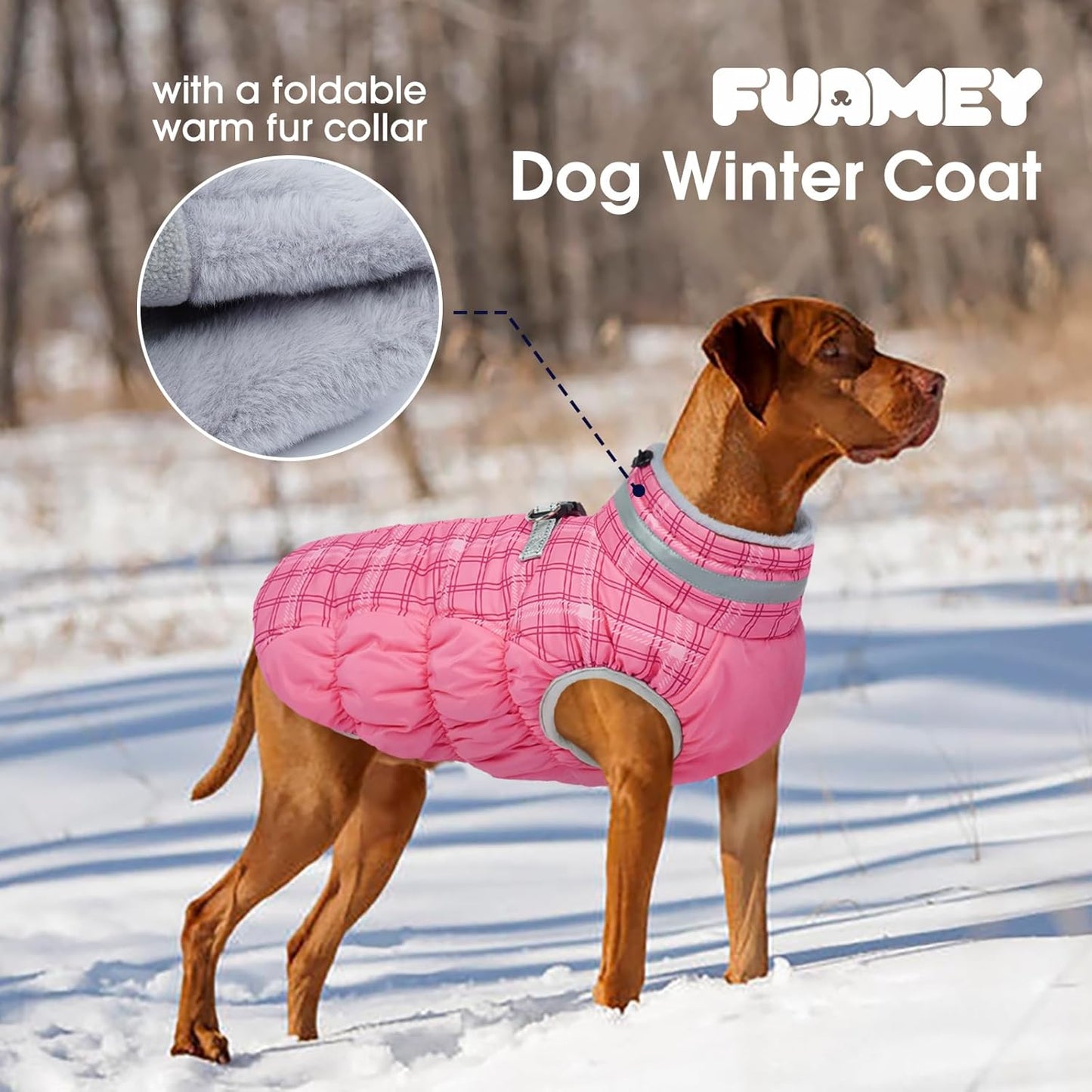 FUAMEY Dog Coat for Large Dogs,Waterproof Dog Winter Jacket with Harness Built in Puppy Cold Weather Coats Reflective Pet Vest with Zipper Warm Fleece Dogs Snowsuit Windproof Rose Plaid L