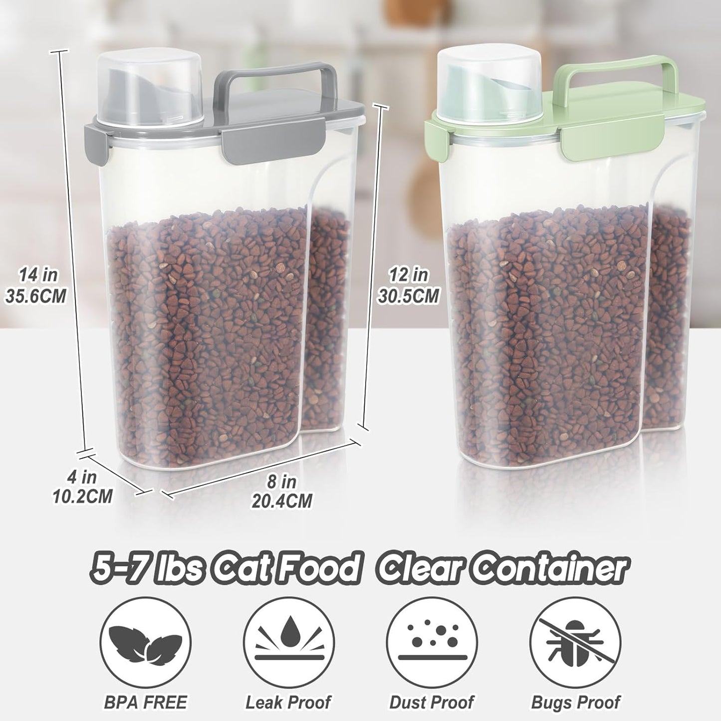 5-7Lbs Dog Cat Food Storage Container with Upgraded Large Nozzle BPA-free, 4 Snap Seals Plastic Pet Food Storage Containers with Handles (2, Light Green+Light Gray, 5L)