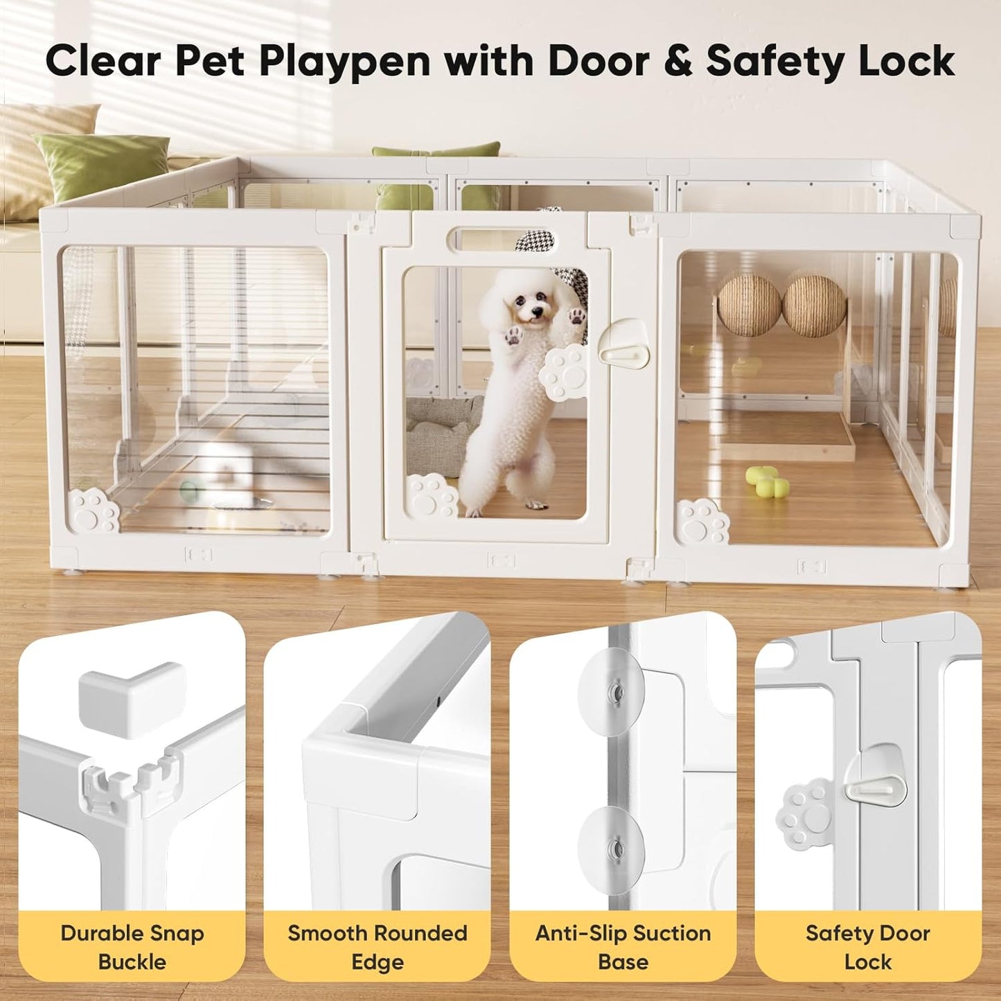 Acrylic Clear Dog Play Pen Indoors, Puppy Playpen with Door for Small Dogs Puppies, Transparent Plastic Pet Playpen Cage Fence Crate Kennel for Cat Kitten Rabbit Bunny Ferret etc (White-10 Panels)