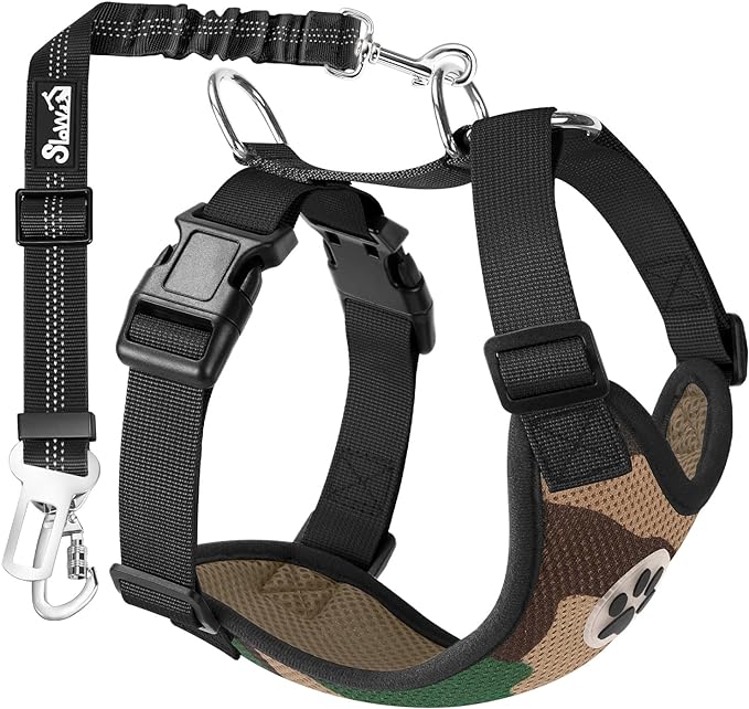 Lukovee Dog Seat Belt for Car, Adjustable Dog Car Harness for Large Medium Small Dogs, Soft Padded & Breathable Mesh Dog Seatbelt with Car Strap and Carabiner(Camouflage Double Clip,Medium)