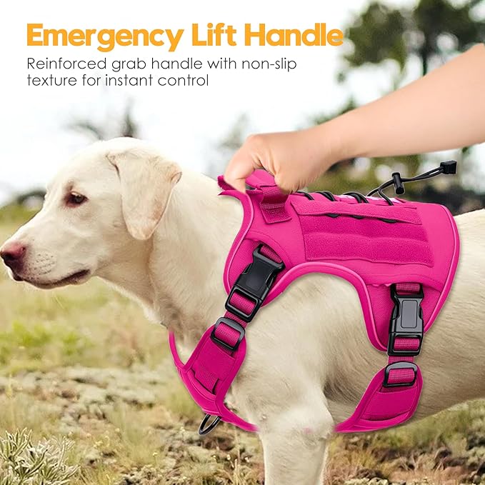 Heavy-Duty Tactical Dog Harness for Large Dogs, No Pull Adjustable Reflective Pet Vest with Molle System, K9 Military-Grade Control for Service Training, Outdoor & 10+ Breeds, Hot Pink, Large