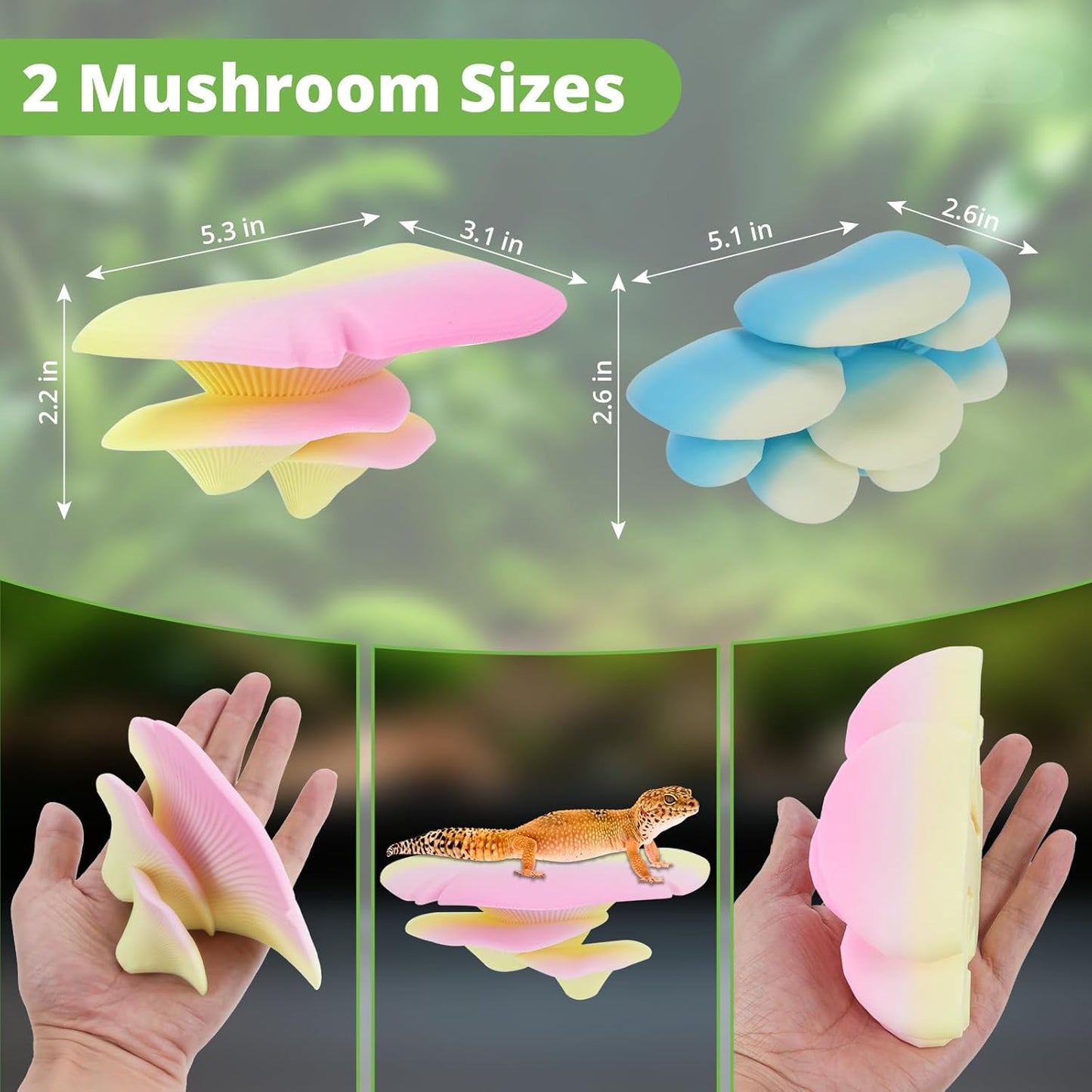 Mushroom Decor for Reptile Tank, Fish Tank, Pet-Safe Bearded Dragon Tank Accessories, Realistic Terrarium Plants for Leopard Geckos, Crested Geckos, Tree Frogs, Snakes (Almond, Trio Cap)