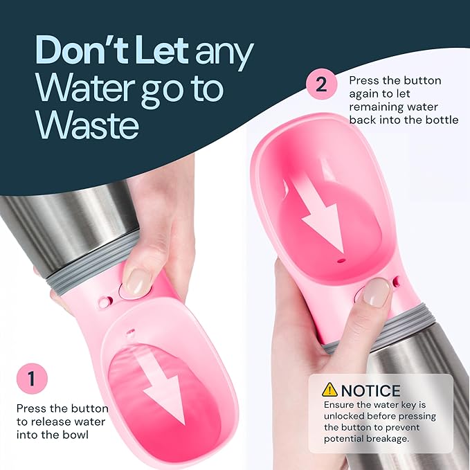 MalsiPree Insulated Dog Water Bottle - 24 Oz, Pink - Leak-Proof Stainless Steel Portable Travel Dispenser & Bowl