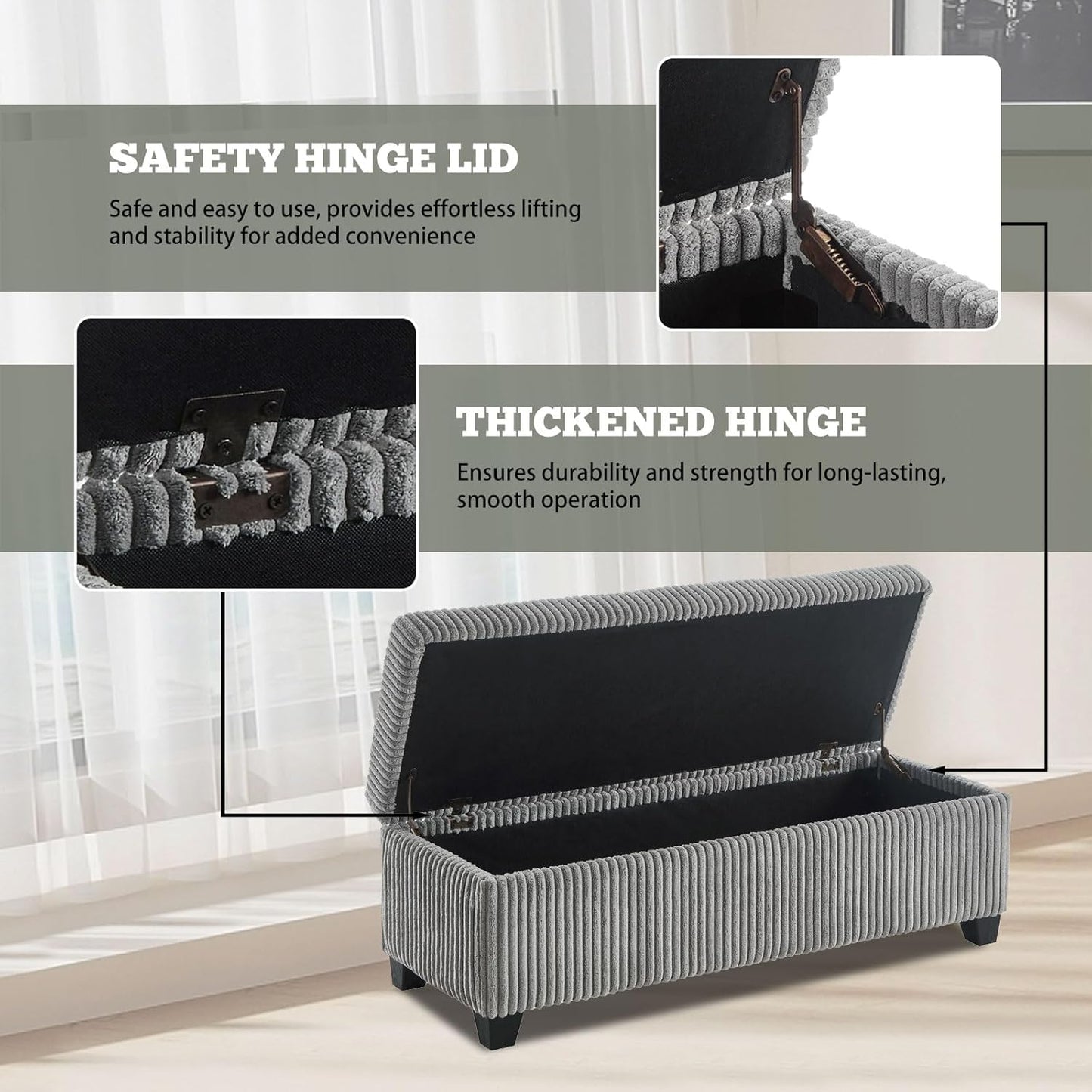 48" Ottoman with Storage, Corduroy Storage Ottoman Bench for Bedroom, End of Bed Bench with Safety Hinge for Living Room, Bedroom, Entryway, Grey