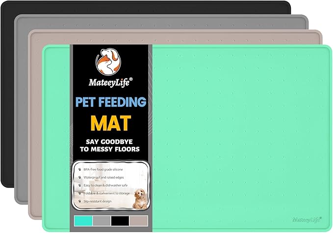 MateeyLife Dog & Cat Food Mat - Waterproof, Nonslip, Raised Edges, Silicone Tray for Messy Drinkers, 24"x16", Mint Green