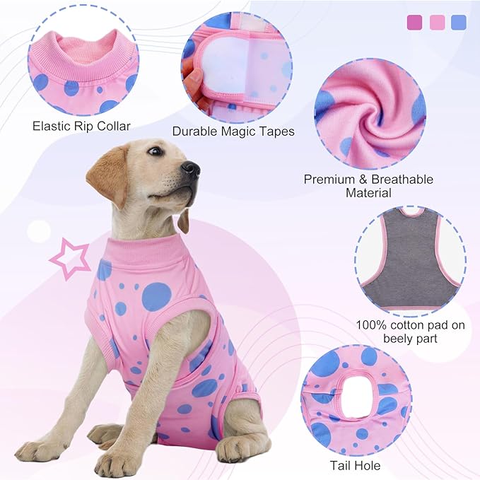 Kuoser Dog Surgery Recovery Suit, Anti Licking Pet Surgical Suit for Dogs Male Neuter, Female Dog Surgery Suit for Spay Subsititute E-Collar Cone, Dogs Body Suits After Surgery Pink Polka Dot M