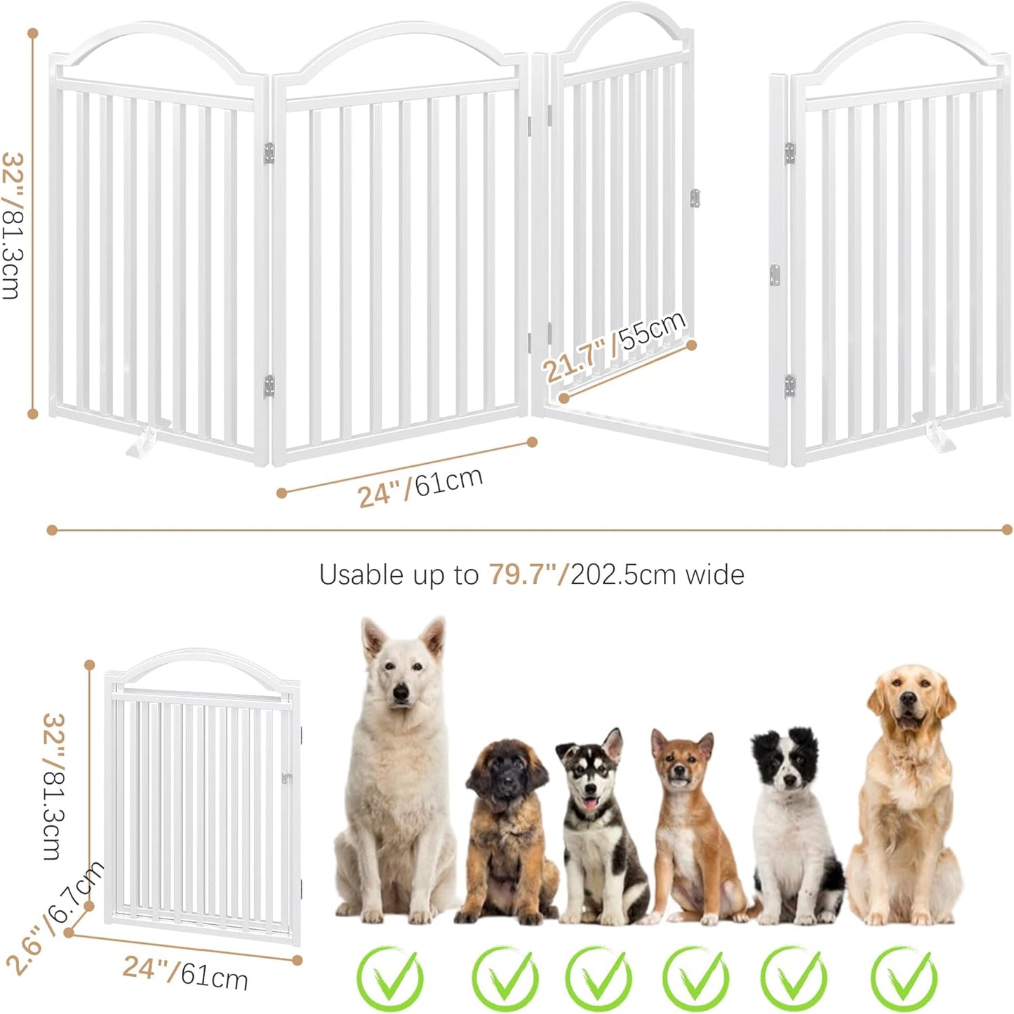 BHG Metal No-Assembly Freestanding Dog Gate with Door Walk Through, Extra Wide 96", Extra Tall 32" Pet Gate, Accordion Puppy Folding Playpen Dog Fence for Indoor & Outdoor, with 2PCS Support - White