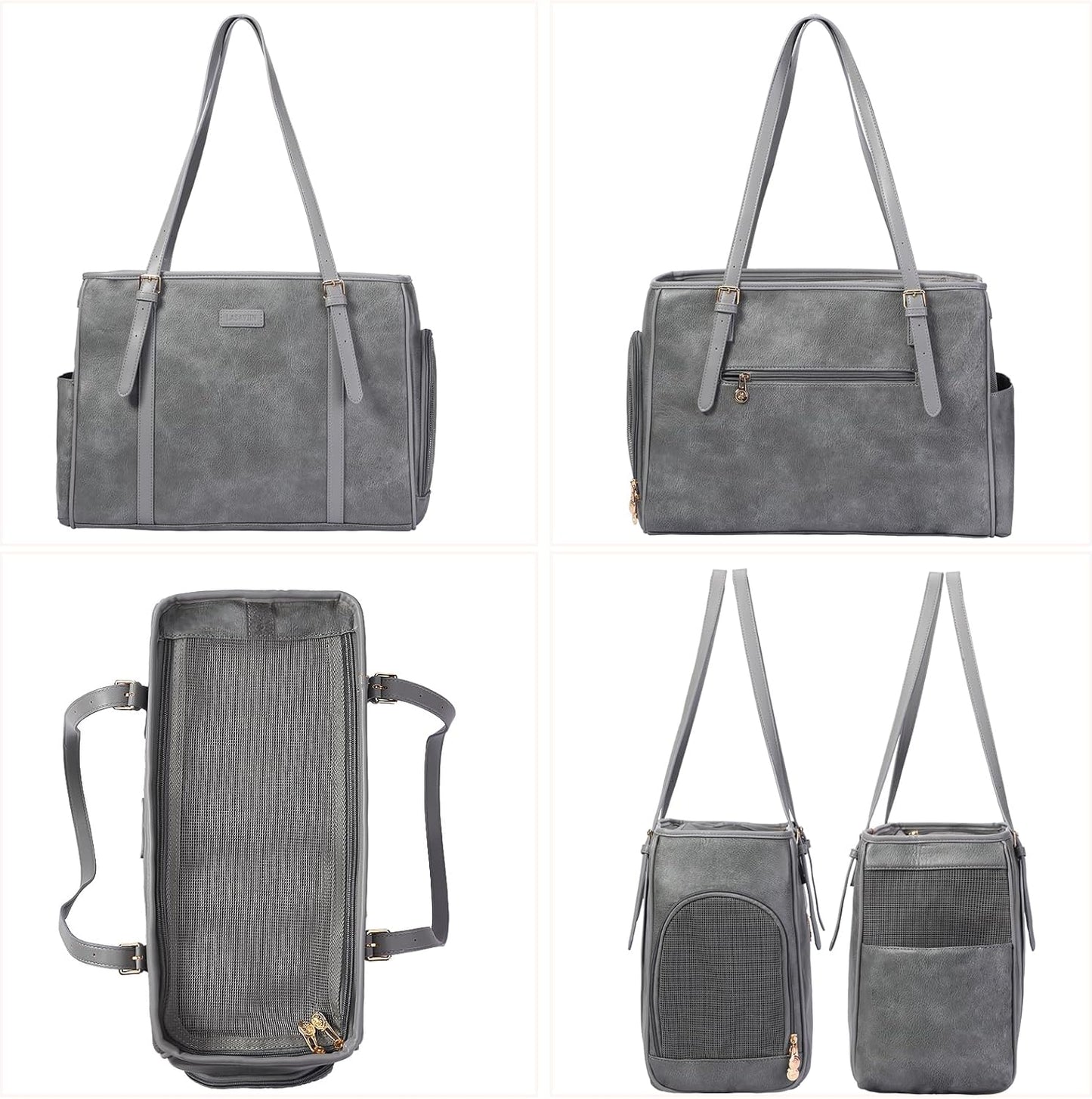 Fashion Dog Purse Pet Carrier Leather Bag for Small Dogs Cats Puppy, Portable Tote Bag Airline Approved Soft-Sided Carriers (Grey)