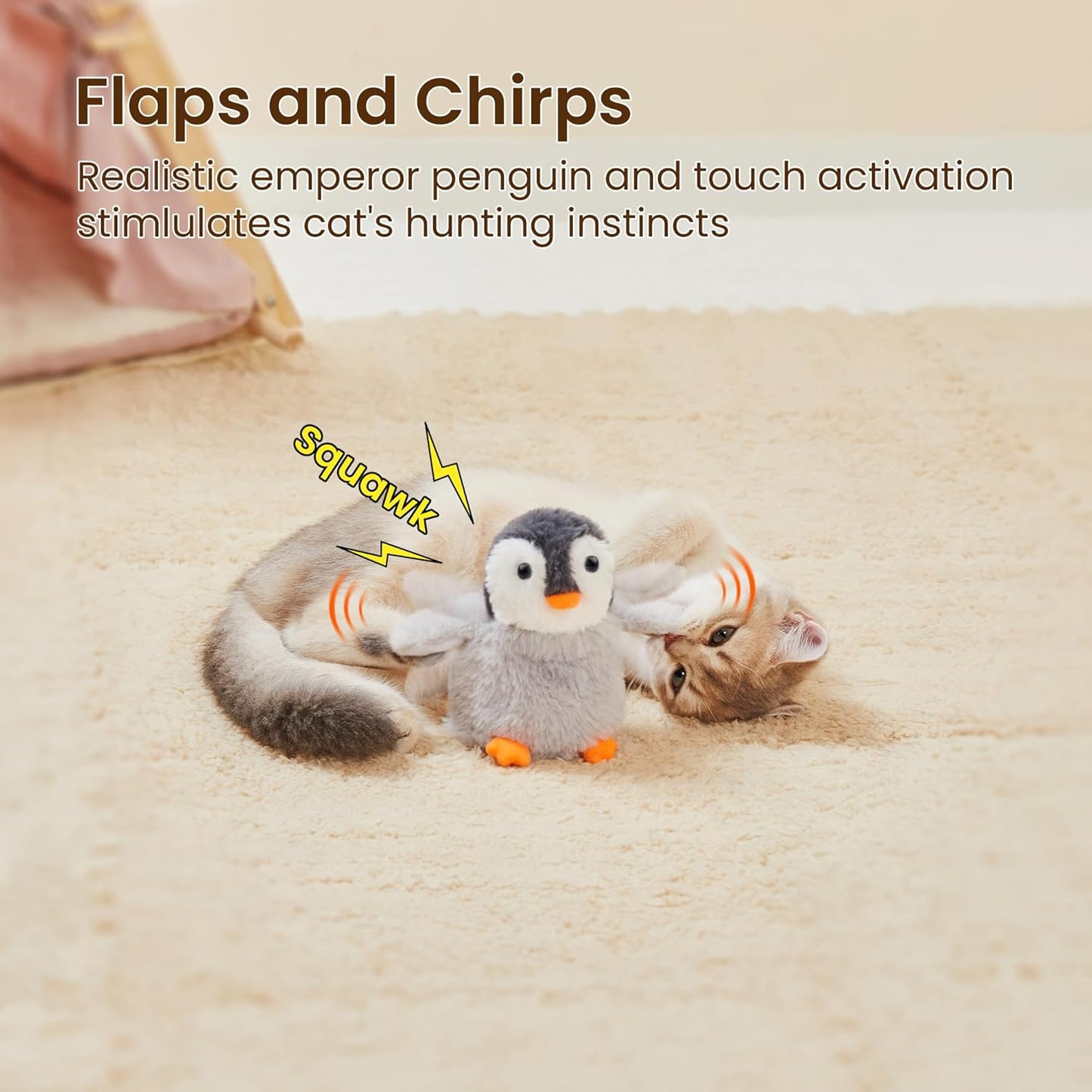 Potaroma Flapping Cat Toys Emperor Penguin, Rechargeable, Lifelike Bird Chirp, Catnip Kicker Toys, Touch Activated Kitten Toy, Interactive Cat Exercise Toys, 4.0 Inches