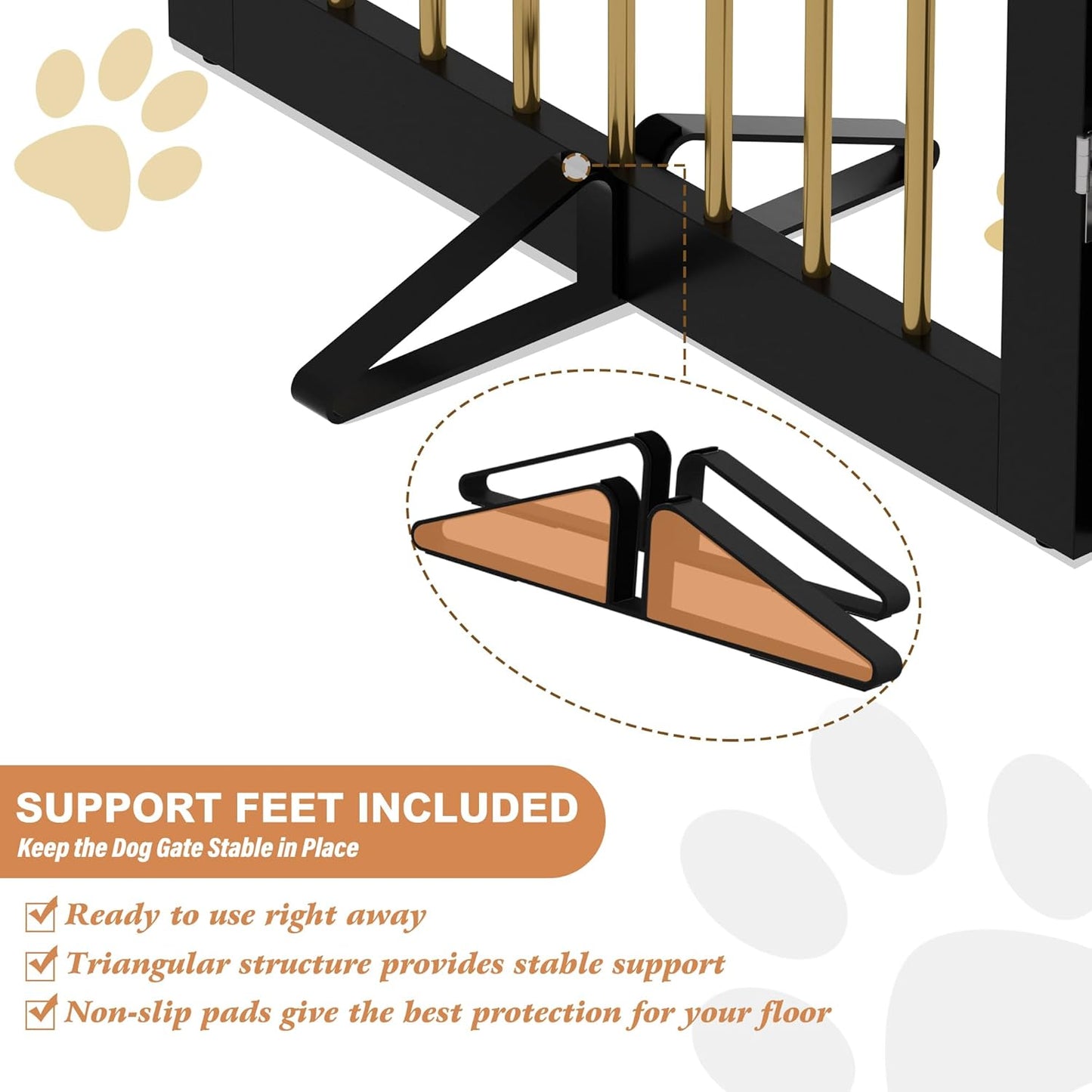 Freestanding Pet Gate for Dogs, Foldable Wooden Dog Gate for House, Extra Wide Indoor Pet Barrier for Stair, Doorway, Hall, Support Feet Included, 120 Inch Wide, 6 Panels 24",Black&Gold