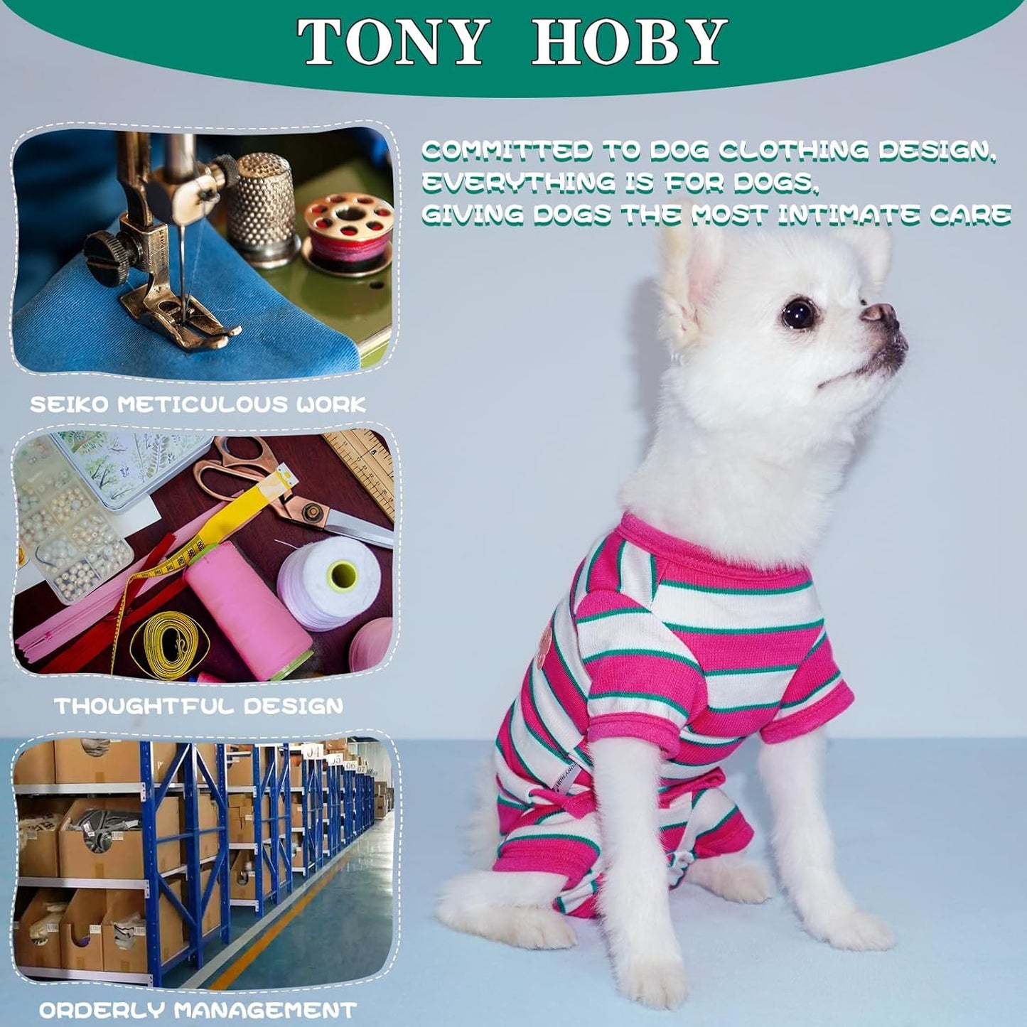 TONY HOBY Male Dog Pajamas, Dog Jumpsuit with Rose Red Stripe, Colorful Dogs Shirt for Small Medium Dogs (Rose Red&White, Boy, XL)