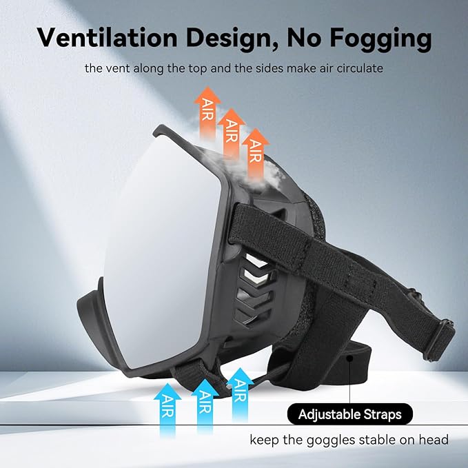 Dog Sunglasses UV Protection Clear Dog Goggles Windproof Glasses with Elastic Straps for Medium-Large Breed, Black Frame + Silver Lens