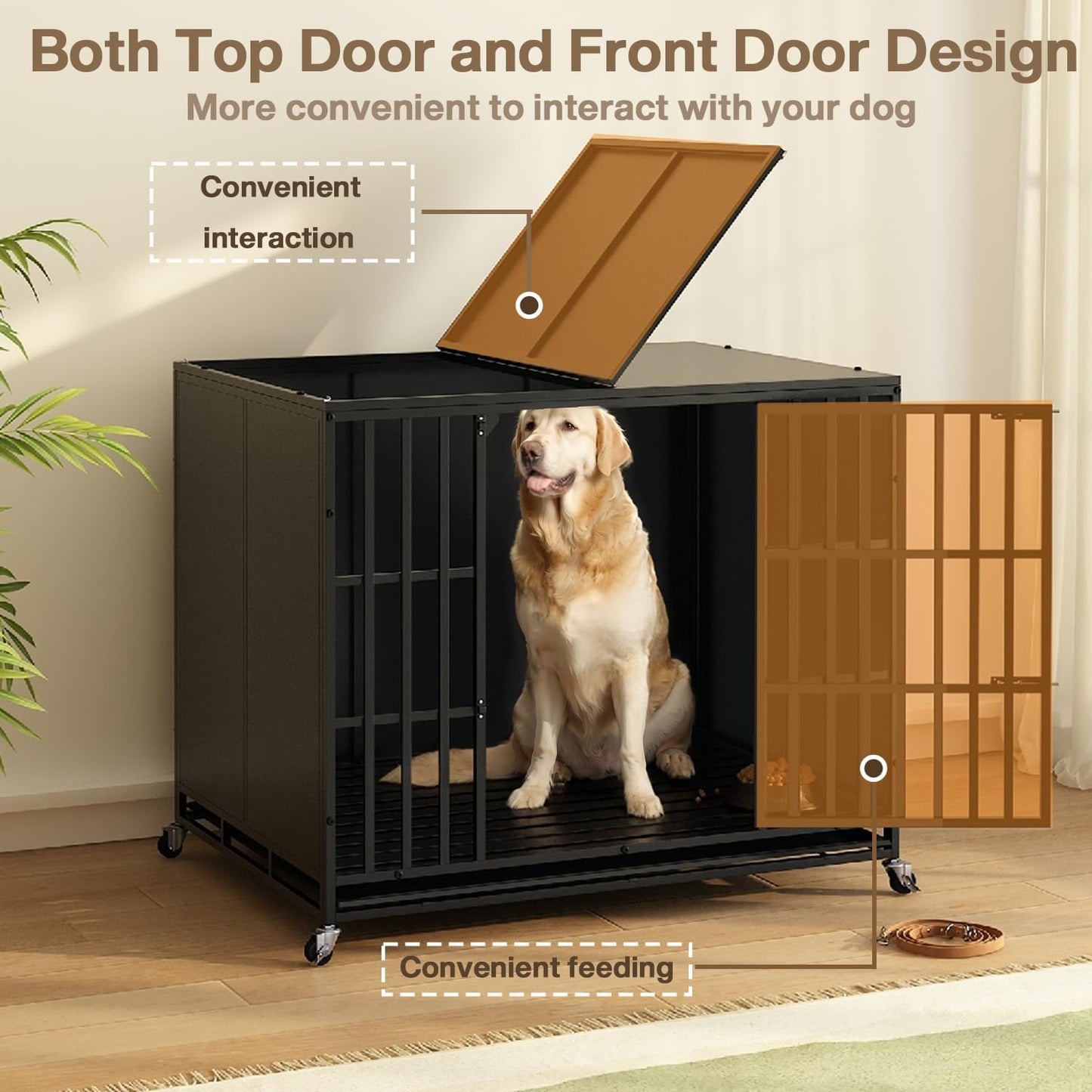 LEMBERI 48/42 inch Heavy Duty Indestructible Dog Crate, High Anxiety Extra Large Dog Cage for Large Dogs, XL Steel Escape Proof Dog Kennel with Wheels and Removable Tray