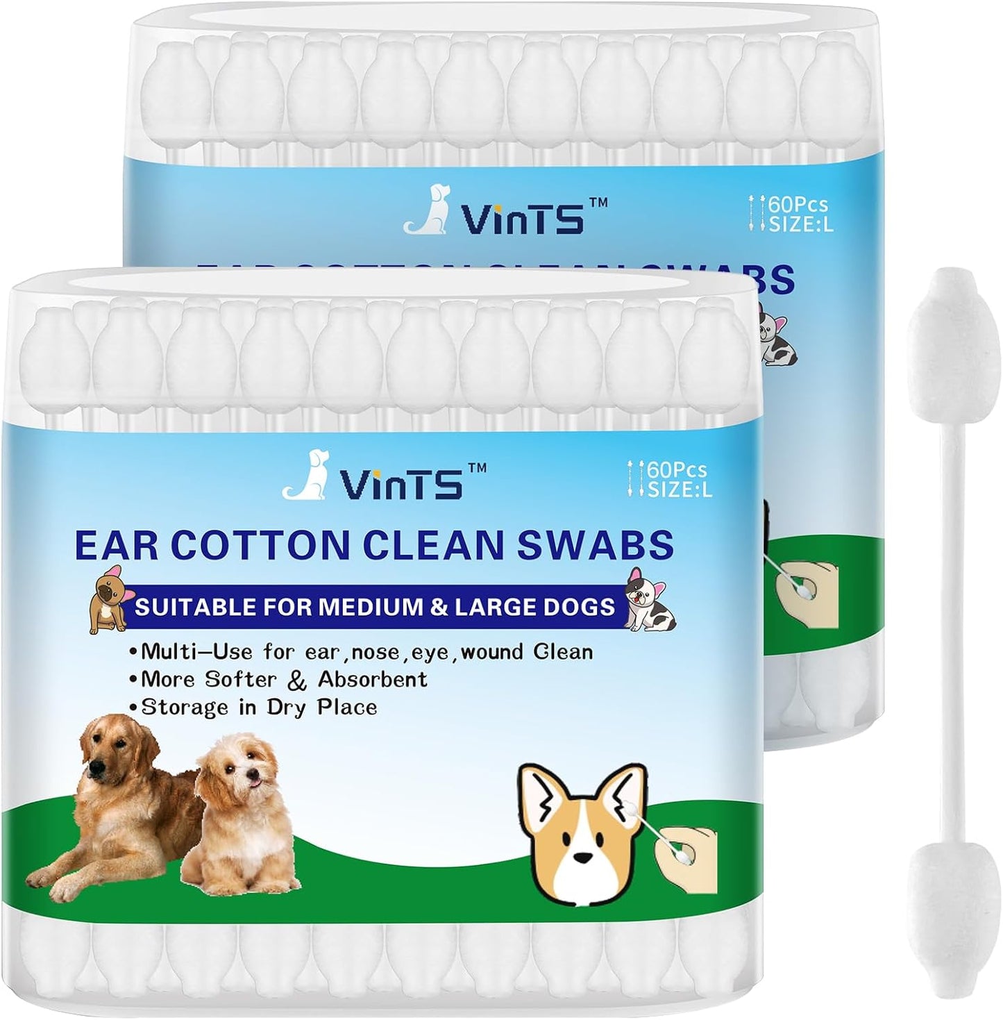 VinTS 100 PCS Cotton Dog Ear Cleaning Swabs, Pet’s Ear Infection Treatment Gourd-Shaped Swabs Prevent Accidental Injuries, Safer Cleaning for Dogs and Cats– Small Size.100% Cotton
