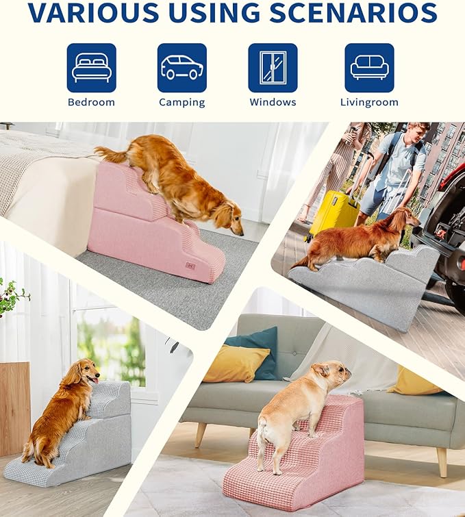 Dog Step for Bed, Dog Stair 3-Step 35D Pet Stair 15.7" H for High Bed or Sofa Non-Slip Balanced Pet Step Indoor, Light Grey