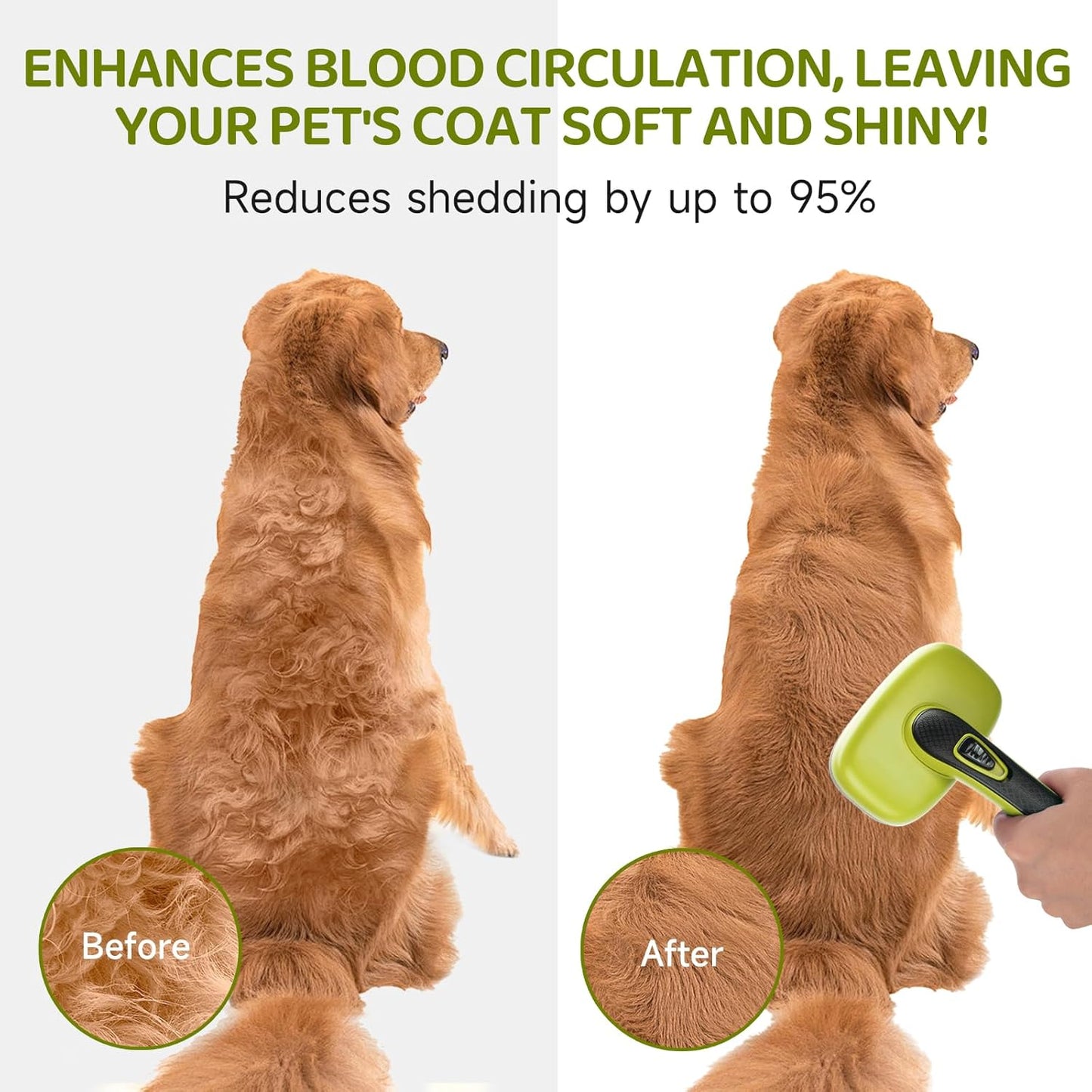 Dog Brush Kit – 3 PCS Grooming Set with Self-Cleaning Brush, Undercoat Rake & Pet Bath Brush. Great for Shedding, Tangles & Dirt Removal – Ideal for Long & Short Haired Dogs & Cats, Green