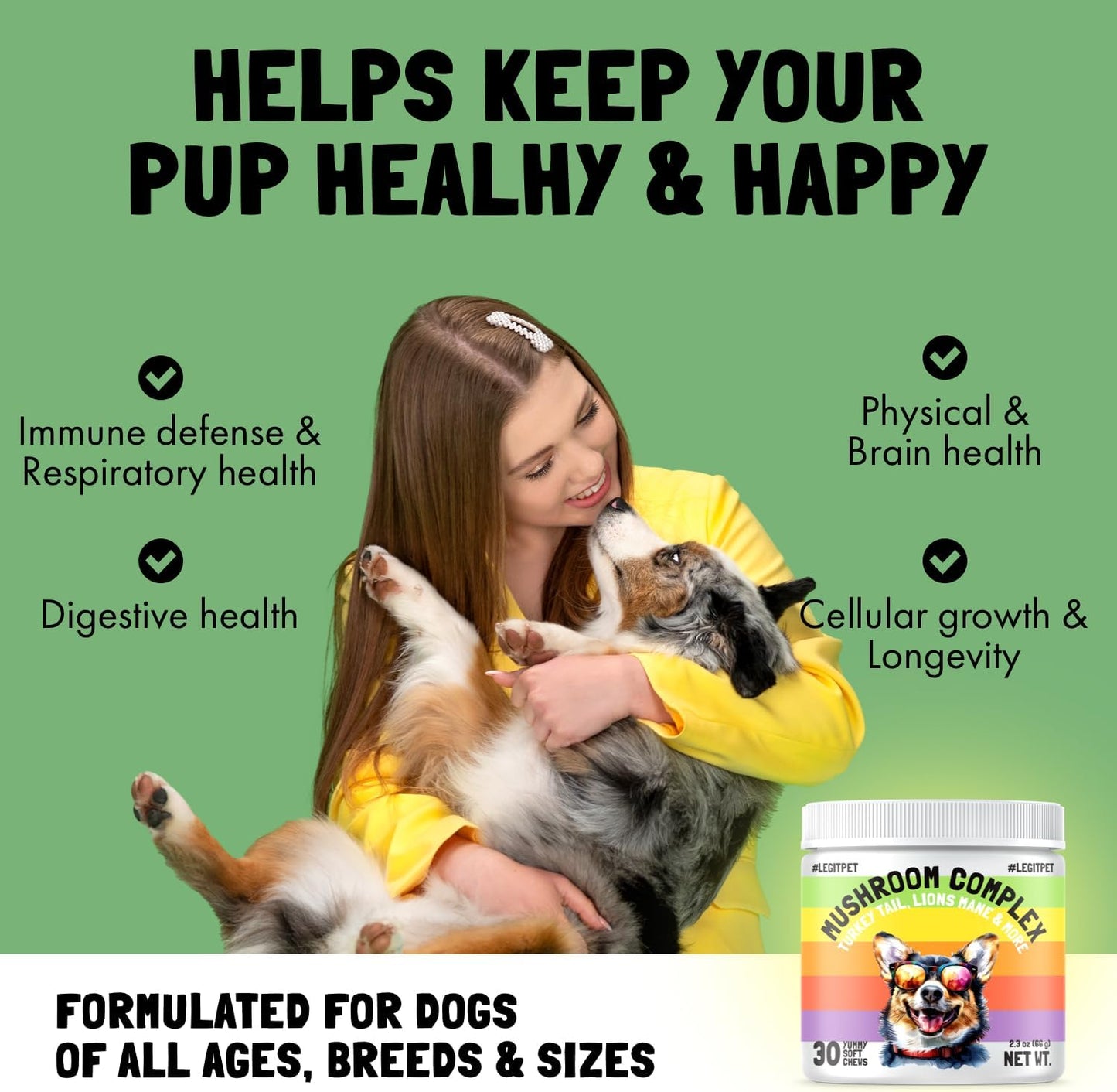 Mushroom Complex Treats for Dogs with Reishi, Shiitake, and Turkey Tail Mushrooms for Cognition and Immune Boosting Supports Digestive Health and Reduces Inflammation DHA EPA Turmeric Kelp 30 Chews