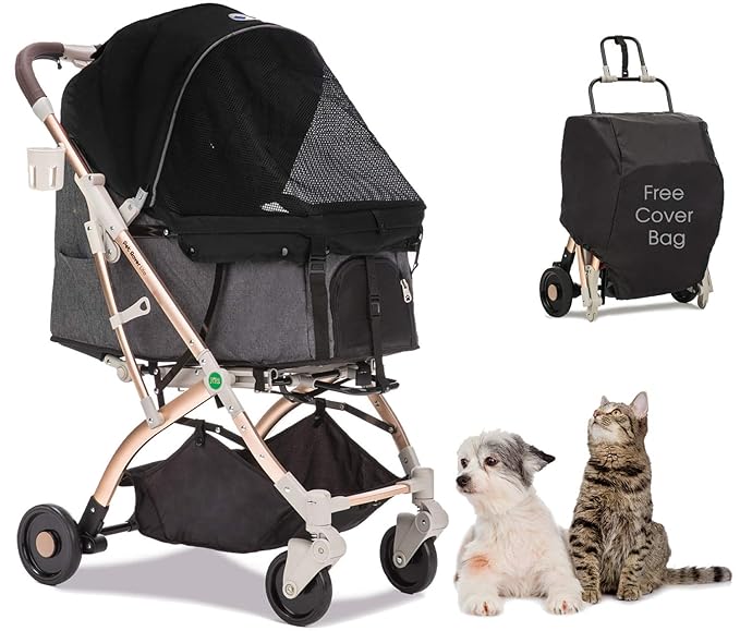 Lite Premium Light-Weight Dog/Cat/Pet Stroller Travel Carriage with Convertible Compartment/Zipper-Less Entry/1-Hand Quick Fold/Aluminum Frame for Small & Medium Pets (Black 2nd-Gen.)